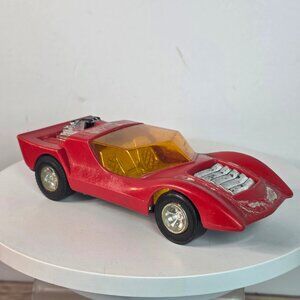 Vintage 1:24 Lucky Red Plastic Toy Car With Yellow Windows & Chrome Details - Ma